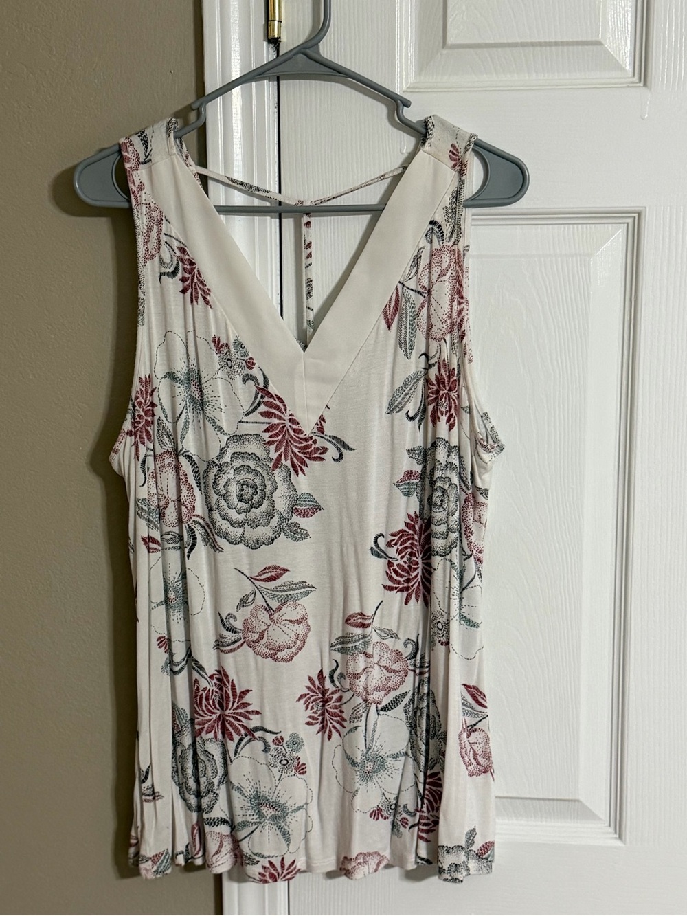 Maurices Cream Floral V-Neck Tank with Burgundy & Gray Blooms